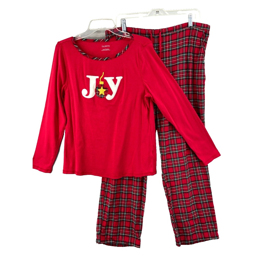 Talbots Pajamas Womens Sz L Christmas JOY PJ Set Cotton Top Flannel Bottoms